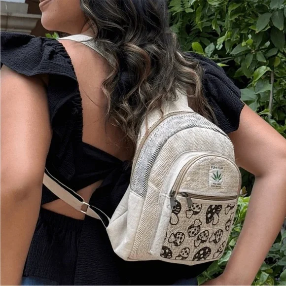 Mini Hemp Mushroom Backpack - 10" Handmade Cotton and Hemp Boho Bag from Nepal - Picture 2 of 11